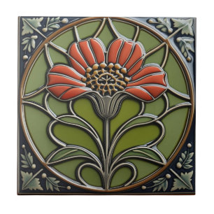 Azulejo De Cerâmica Flor Vermelha Simetria Meados do Século Artes e Of