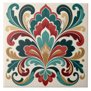 Azulejo De Cerâmica Floração Ornamental Elegante em Teal-Vermelho