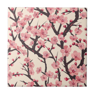 Azulejo De Cerâmica Floração Rosa Sakura Japonesa Ramo Escuro Creme