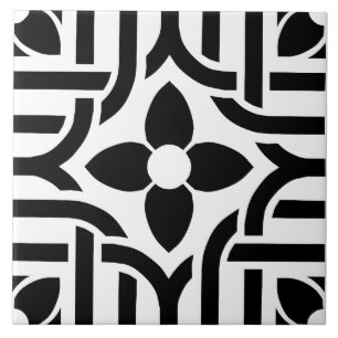 Azulejo De Cerâmica Florais Abstratos Elegantes Preto e Branco