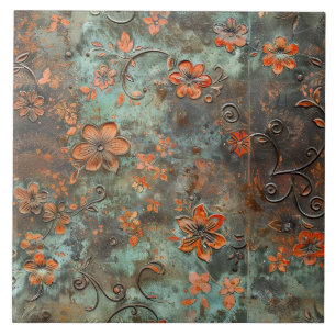 Azulejo De Cerâmica Florais Antigos em Metal Enferrujado