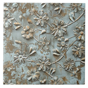Azulejo De Cerâmica Florais Antigos em Metal Enferrujado