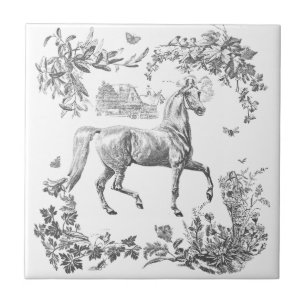 Azulejo De Cerâmica Florais de Cavalo Branco Preto Elegante Vintage