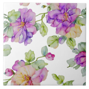 Azulejo De Cerâmica Florais em aquarela roxo rosa elegante