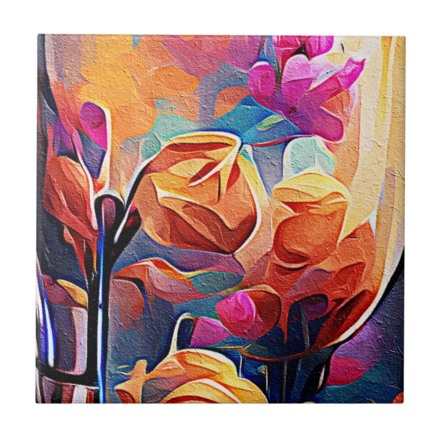 Azulejo De Cerâmica Floral Abstrato Art Laranja Vermelho Azul Flores (Frente)