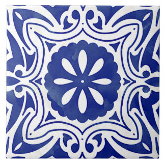 Azulejo De Cerâmica Floral Abstrato branco-azul-mediterrânico