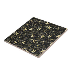 Azulejo De Cerâmica Floral Abstrato Dourado em Fundo Preto