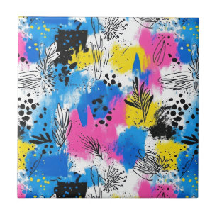 Azulejo De Cerâmica Floral Abstrato Ousado em Azul Rosa e Amarelo