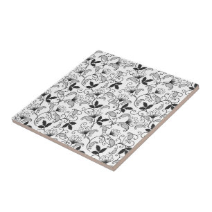 Azulejo De Cerâmica Floral Abstrato Preto em Fundo Branco