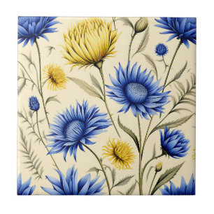 Azulejo De Cerâmica Floral Amarelo-Azul Elegante