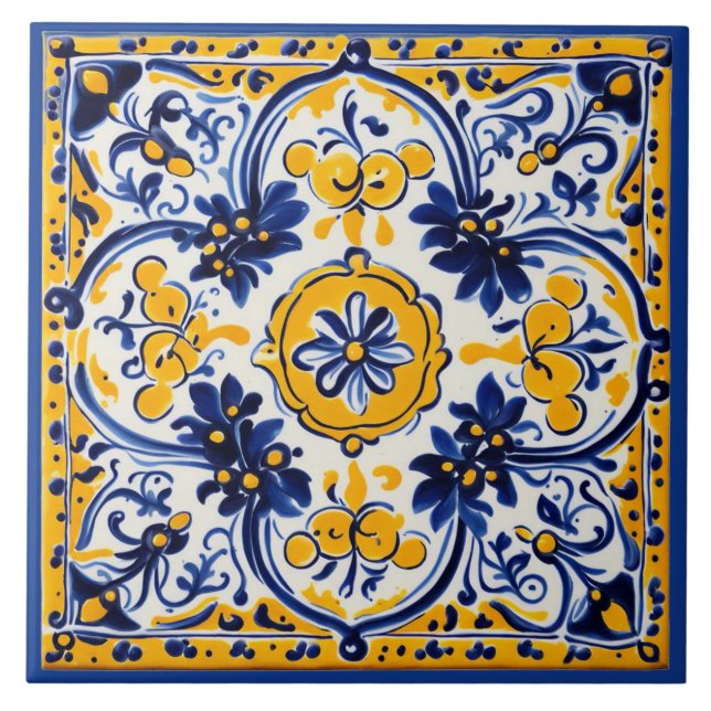 Azulejo De Cerâmica Floral Amarelo-Marinho mediterrânico italiano (Frente)