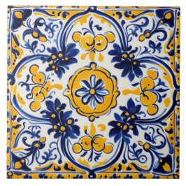 Azulejo De Cerâmica Floral Amarelo-Marinho mediterrânico italiano