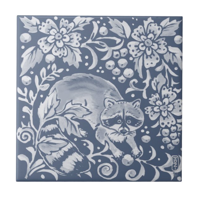 Azulejo De Cerâmica Floral Animal da Floresta de Woodland Azul (Frente)