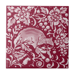 Azulejo De Cerâmica Floral Animal da Floresta Florestal de Rurgundy