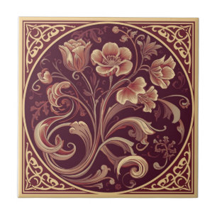 Azulejo De Cerâmica Floral Art Nouveau burgundy e dourado Vintage 