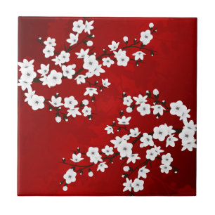 Azulejo De Cerâmica Floral Asiática Flor de Cerejeira Branca Vermelha
