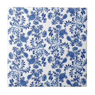Azulejo De Cerâmica Floral Azul e Branco