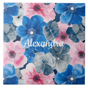 Azulejo De Cerâmica Floral Azul-Rosa-Chic