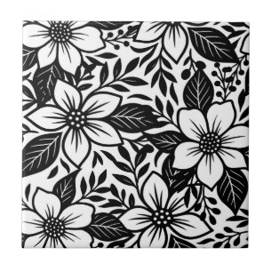 Azulejo De Cerâmica Floral Bloom Moderno Ousado Preto e Branco 