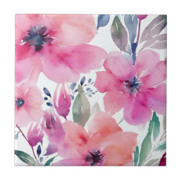 Azulejo De Cerâmica Floral Blossoms | Watercolor Pink Flowers Painted