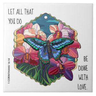 Azulejo De Cerâmica Floral/Borboleta, com verso 1 Corintianos 16:14