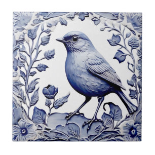 Azulejo De Cerâmica Floral Botânico do Pássaro Azul e Branco