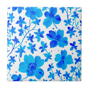 Azulejo De Cerâmica Floral Botânico em Azul Profundo e Branco