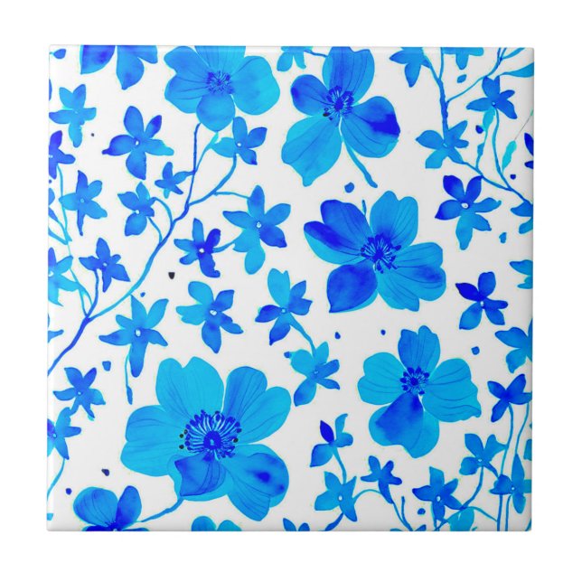 Azulejo De Cerâmica Floral Botânico em Azul Profundo e Branco (Frente)
