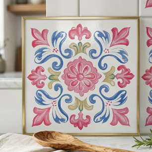Azulejo De Cerâmica Floral Botânico Rosa Azul Verde
