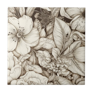 Azulejo De Cerâmica Floral Botânico Sépia País Francês Creme