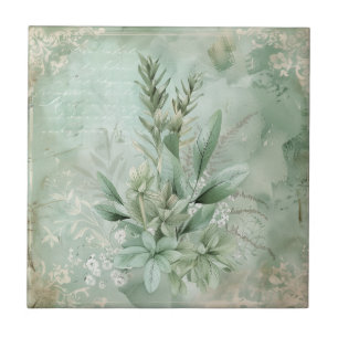 Azulejo De Cerâmica Floral Botânico Verde Hortelã Vintage (1)