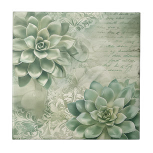 Azulejo De Cerâmica Floral Botânico Verde Hortelã Vintage (2)