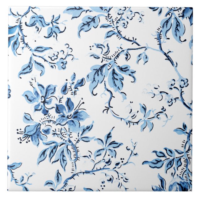 Azulejo De Cerâmica Floral Branco e Azul Delft Elegante (Frente)