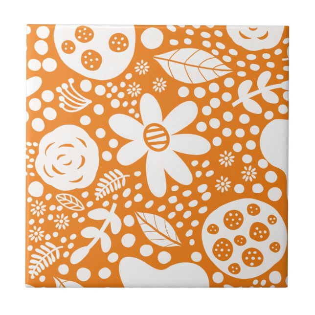 Azulejo De Cerâmica Floral Branco e Laranja (Frente)