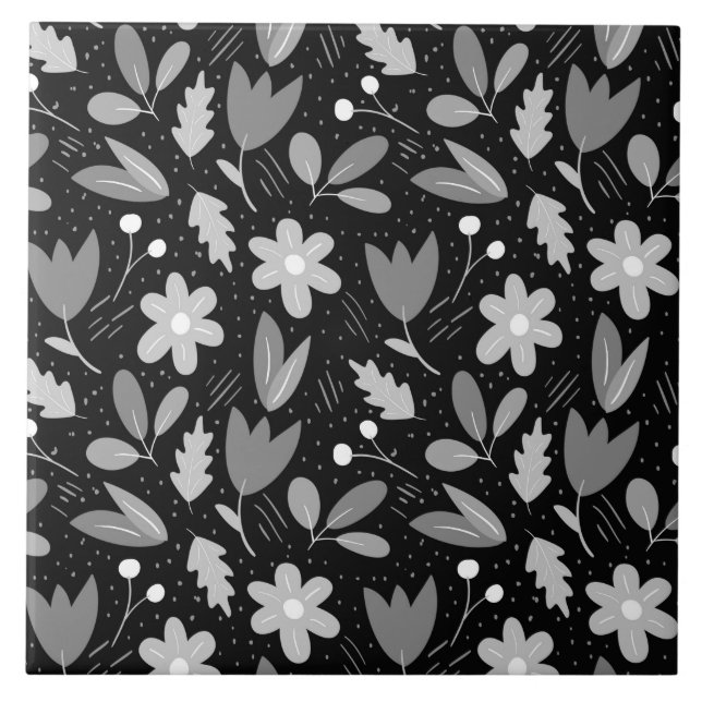 Azulejo De Cerâmica Floral Branco e Preto Moderno (Frente)