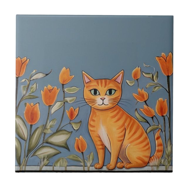 Azulejo De Cerâmica Floral Cats - Ginger Cat & Orange Flowers Cartoon (Frente)