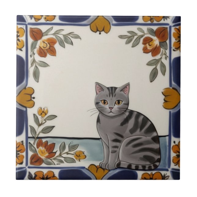 Azulejo De Cerâmica Floral Cats - Grey Tabby Cat & Orange Red Flowers (Frente)