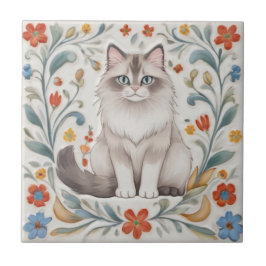 Azulejo De Cerâmica Floral Cats - Ragdoll Cat Colorful Folk Flowers