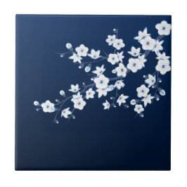 Azulejo De Cerâmica Floral Cherry Blossom Marinho Azul Branco