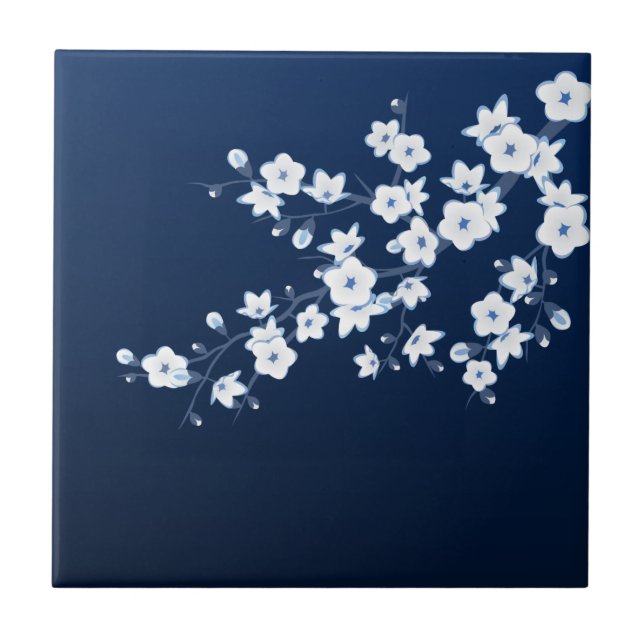Azulejo De Cerâmica Floral Cherry Blossom Marinho Azul Branco (Frente)