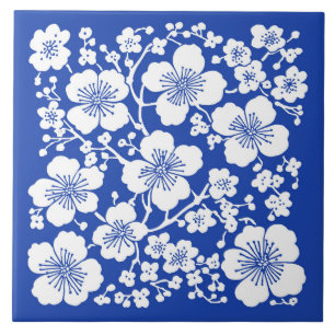 Azulejo De Cerâmica Floral Cherry Blossomn Blue