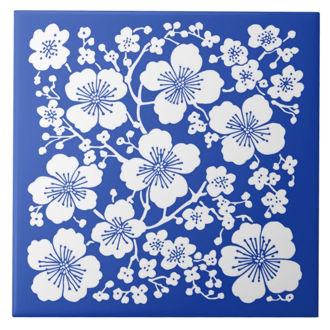 Azulejo De Cerâmica Floral Cherry Blossomn Blue (Frente)