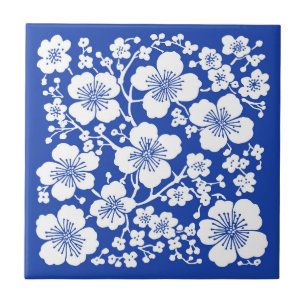 Azulejo De Cerâmica Floral Cherry Blossomn Blue