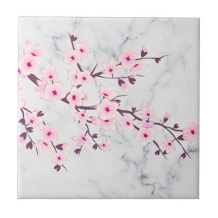 Azulejo De Cerâmica Floral Cherry Blossomo Cinza Rosa Marble