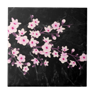Azulejo De Cerâmica Floral Cherry Blossomo Preto Cor-de-Rosa