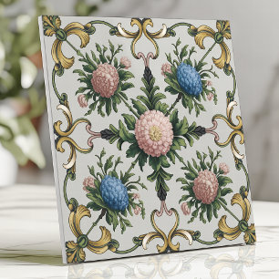 Azulejo De Cerâmica Floral Chinoiserie Rosa e Azul Crisântemo