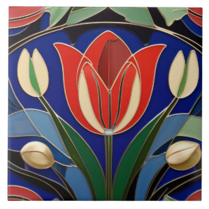 Azulejo De Cerâmica Floral da Flor das Tulipas Vermelhas do Modernismo