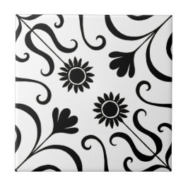 Azulejo De Cerâmica Floral Damasco preto e girassol branco