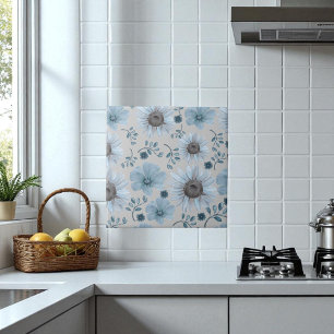 Azulejo De Cerâmica Floral de Aquarela de Prata Azul