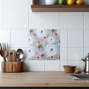 Azulejo De Cerâmica Floral de Aquarela de Prata Azul